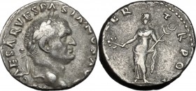 Vespasian (69-79). AR Denarius, 70 AD. D/ Head irght, laureate. R/ Pax standing left, holding branch and caduceus. RIC (2nd ed.) 27. AR. g. 3.21 mm. 1...