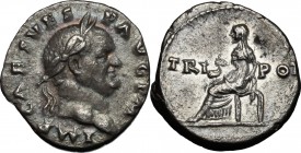 Vespasian (69-79). AR Denarius, 71 AD. D/ Head irght, laureate. R/ Vesta seated left, holding simpulum. RIC (2nd ed.) 46. AR. g. 2.79 mm. 17.00 Toned....