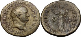 Vespasian (69-79 AD). AE Dupondius, 74 AD. D/ Radiate head right. R/ Felicitas standing facing, head left, holding caduceus and cornucopiae. RIC 554. ...