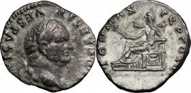 Vespasian (69-79). AR Denarius, 75 AD. D/ Head right, laureate. R/ Pax seated left, holding branch in right hand and resting left in lap. RIC (2nd ed....