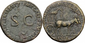 Julia Titi, daughter of Titus (died 91 AD). AE Sestertius. Commemorative issue, struck under Domitian, AD 90-91. D/ Legend around SC. R/ Carpentum dra...