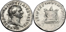 Domitian as Caesar (69-81). AR Denarius, 80-81. D/ Head right, laureate. R/ Garlanded and lighted altar. RIC (2nd ed.; Titus) 266. AR. g. 3.17 mm. 18....