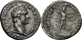 Domitian (81-96). AR Denarius, 88-89 AD. D/ Laureate head right. R/ Minerva standing right on prow, brandishing javelin and holding shield, owl in rig...