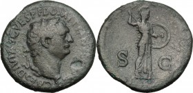 Domitian (81-96). AE Sestertius, 80-81 AD. D/ Laureate head right. R/ Minerva advancing right brandishing javelin and holding shield. RIC 157. AE. g. ...