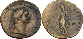 Domitian (81-96). AE Dupondius, 92-94 AD. D/ Radiate head right. R/ Fortuna standing facing, head left, holding rudder and cornucopiae. RIC 405. AE. g...