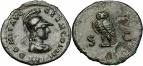 Domitian (81-96). AE Semis. Rome mint. Struck AD 86. D/ Helmeted and draped bust of Minerva right. R/ Owl standing slightly left, head facing. RIC 501...