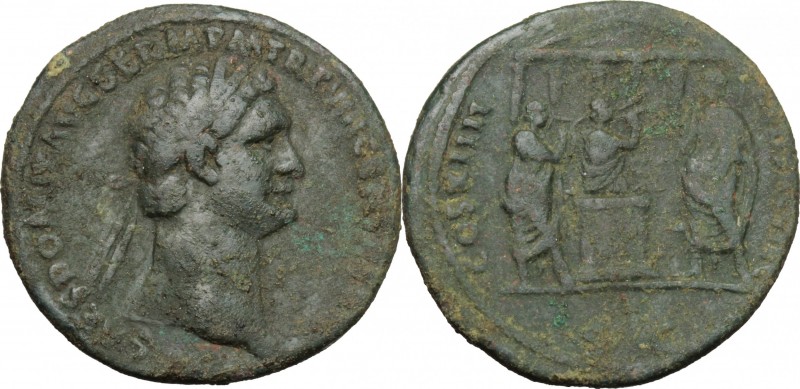Domitian (81-96). AE As, 88 AD. D/ Head right, laureate. R/ Emperor standing lef...