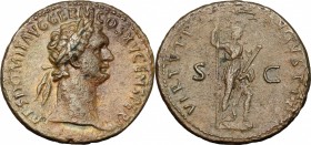 Domitian (81-96). AE As, 90-91. D/ Head right, laureate. R/ Virtus standing right, left foot on helmet, holding spear and parazonium. RIC (2nd ed.) 70...