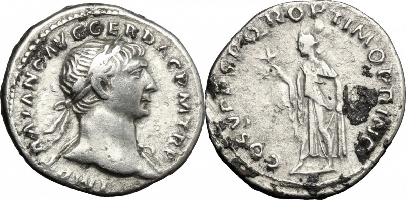 Trajan (98-117). AR Denarius, 103-111. D/ Bust right, laureate, draped on left s...