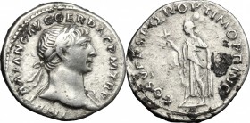 Trajan (98-117). AR Denarius, 103-111. D/ Bust right, laureate, draped on left shoulder. R/ Spes standing left, holding flower and raising skirt. RIC ...