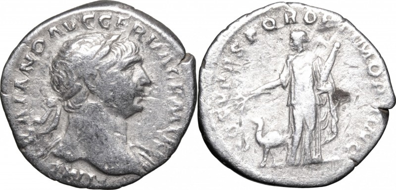 Trajan (98-117). AR Denarius, 103-111. D/ Bust right, laureate, draped on left s...