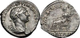 Trajan (98-117). AR Denarius, 114 AD. D/ Bust right, laureate, draped. R/ Fortuna seated left, holding rudder and cornucopiae. RIC 318. AR. g. 3.46 mm...