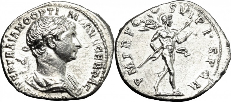 Trajan (98-117). AR Denarius, 114-117. D/ Bust right, laureate, draped, cuirasse...