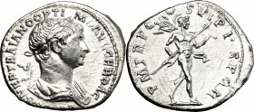 Trajan (98-117). AR Denarius, 114-117. D/ Bust right, laureate, draped, cuirassed. R/ Mars advancing right, holding spear and trophy. RIC 338. AR. g. ...