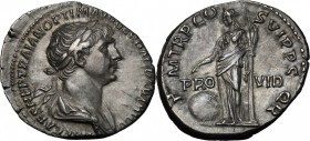 Trajan (98-117). AR Denarius, 114-117. D/ Bust right, laureate, draped. R/ Providentia standing left, pointing wand at globe set at feet and scepter, ...