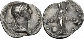 Trajan (98-117). AR Denarius, 114-117. D/ Bust right, laureate, draped. R/ Providentia standing left, pointing on globe set at feet and holding scepte...