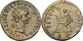 Trajan (98-117). AE Dupondius, 98-99. D/ Head right, radiate. R/ Abundantia seated left on chair of crossed cornucopiae, holding scepter. RIC 385. AE....