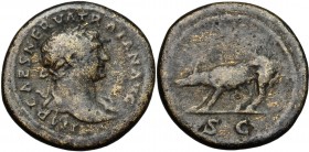 Trajan (98-117). AE Quadrans.Rome mint. Struck circa AD 98-102. D/ Laureate bust right, drapery on left shoulder. R/ She-wolf standing left. RIC 694. ...