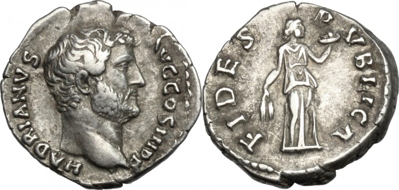 Hadrian (117-138). AR Denarius, 134-138. D/ Head right, bare. R/ Fides standing ...