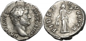 Hadrian (117-138). AR Denarius, 134-138. D/ Head right, bare. R/ Fides standing right, holding corn-ears and basket of fruits. RIC 241Aa. AR. g. 3.29 ...