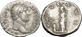 Hadrian (117-138). AR Denarius, 134-138. D/ Head right. R/ Salus standing left, sacrificing from patera over altar and holding scepter. RIC 268a. AR. ...