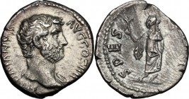 Hadrian (117-138). AR Denarius, 134-138. D/ Head right, bare. R/ Spes standing left, holding flower and raising skirt. RIC 274a. AR. g. 2.45 mm. 17.00...