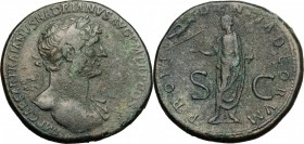 Hadrian (117-138). AE Sestertius, 119-121 AD. D/ Laureate bust right, slight drapery on left shoulder. R/ Hadrian standing facing, head left, towards ...