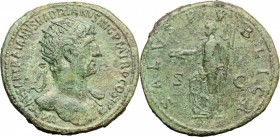 Hadrian (117-138). AE Dupondius, 119-121. D/ Bust right, radiate, draped on left shoulder. R/ Salus standing left, holding patera and rudder upwards; ...
