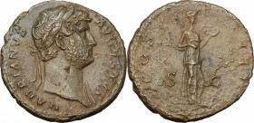 Hadrian (117-138). AE As, 125-128. D/ Bust right, laureate, draped on left shoulder. R/ Salus standing right, feeding from patera snake held in arms. ...