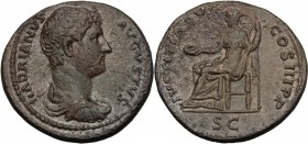 Hadrian (117-138). AE As, 132-134. D/ Bust right, draped, cuirassed. R/ Justitia seated left, holding patera and scepter. RIC 727c. AE. g. 12.61 mm. 2...
