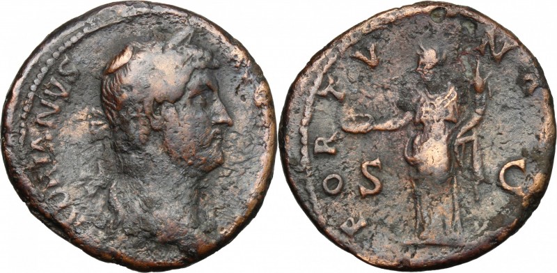 Hadrian (117-138). AE As, 134-138. D/ Head right, laureate. R/ Fortuna standing ...