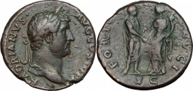 Hadrian (117-138). AE As, 134-138 AD. D/ Laureate head right. R/ Hadrian standing right, holding roll, clasping right hand with Fortune, standing left...
