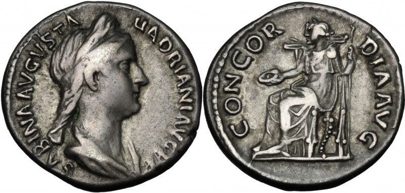 Sabina, wife of Hadrian (died 137 AD). AR Denarius, 128-136. D/ Bust right, diad...