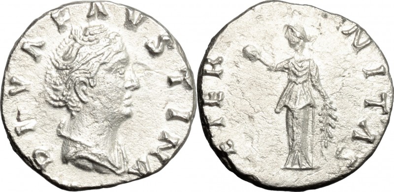 Faustina I, wife of Antoninus Pius (died 141 AD). AR Denarius, after 141 AD. D/ ...