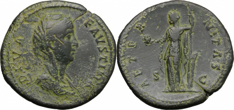 Faustina I, wife of Antoninus Pius (died 141 AD). AE Sestertius, after 141. D/ B...