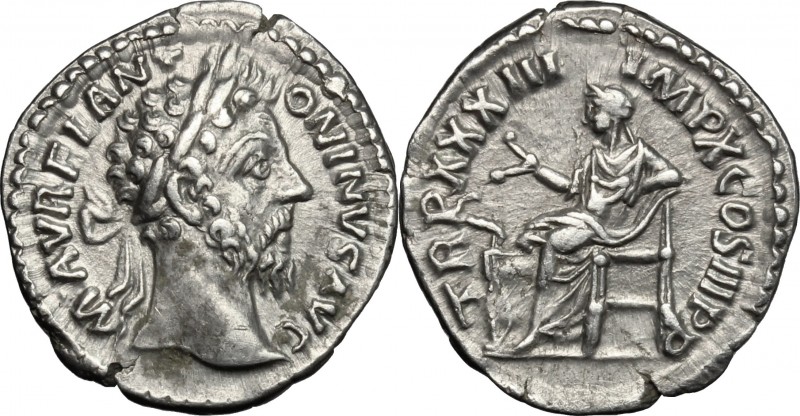 Marcus Aurelius (161-180). AR Denarius, 179 AD. D/ Head right, laureate. R/ Salu...