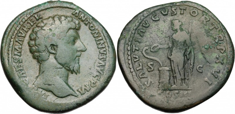 Marcus Aurelius (161-180). AE Sestertius, 161-162 AD. D/ Bare head right. R/ Sal...