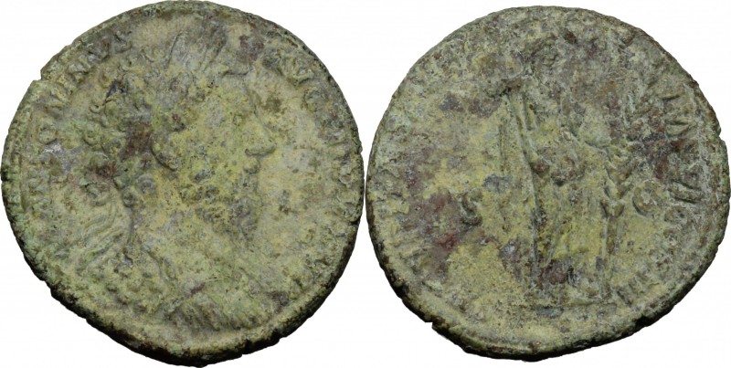 Marcus Aurelius (161-180). AE As, 172-173. D/ Bust right, laureate, cuirassed. R...