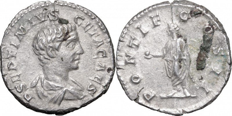 Geta (198-212). AR Denarius, 209 AD. D/ Bust right, draped, seen from behind. R/...