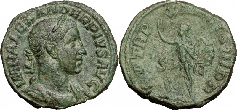 Severus Alexander (222-235). AE Sestertius, 235 AD. D/ Laureate, draped and cuir...