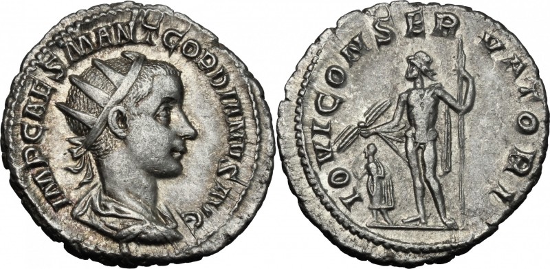 Gordian III (238-244 ). AR Antoninianus, 238-239 AD. D/ Radiate, draped and cuir...