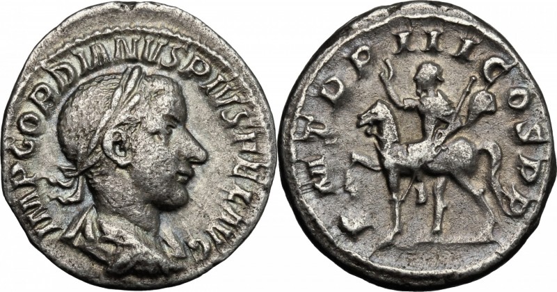 Gordian III (238-244). AR Denarius, 240 AD. D/ Bust right, laureate, draped, cui...