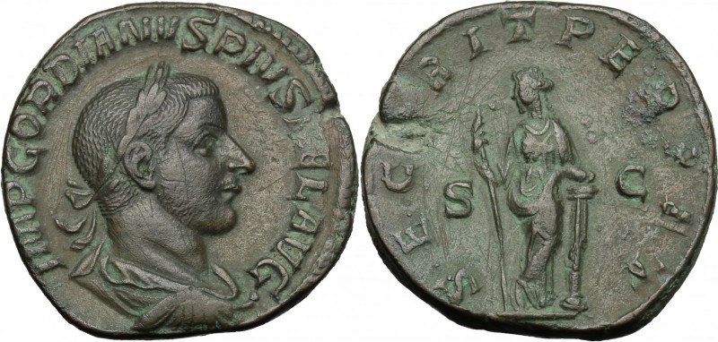 Gordian III (238-244). AE Sestertius, 244 AD. D/ Bust right, laureate, draped, c...