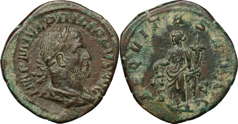 Philip I (244-249). AE Sestertius, 244-249. D/ Bust right, laureate, draped, cui...