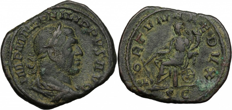 Philip I (244-249). AE Sestertius. D/ Laureate, draped and cuirassed bust right....