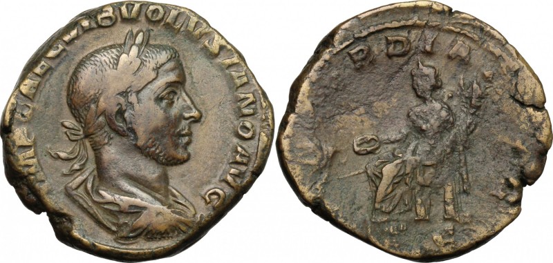 Volusian (251-253). AE Sestertius, Rome mint, 251-253 AD. D/ Laureate, draped an...