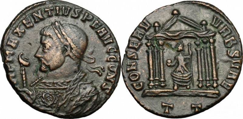 Maxentius (306-312). AE Follis. Ticinum mint, 308-309/10 AD. D/ Laureate bust le...