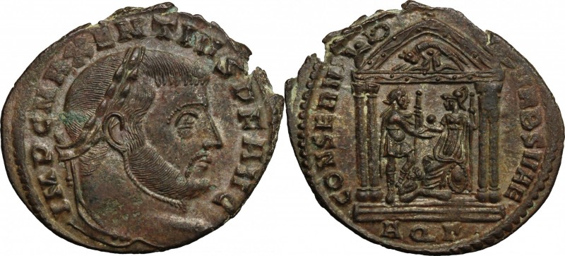 Maxentius (306-312). AE Follis, Aquileia mint, 307 AD. D/ Head right, laureate. ...