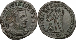 Licinius I (308-324). AE Follis, Thessalonica mint, 312-313. D/ Bust right, laureate, draped, cuirassed. R/ Jupiter standing left, wearing chlamys ove...