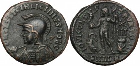 Licinius I (308-324). AE Follis, Alexandria mint, 321-324. D/ Bust left, helmeted, draped, cuirassed, holding spear and shield. R/ Jupiter standing le...